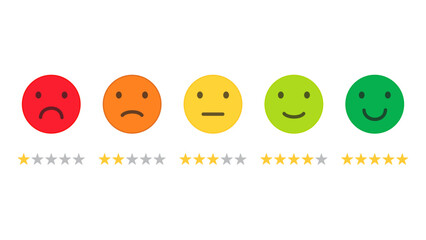 Customer satisfaction rating. Rating emojis and stars set in different colors. Feedback emoticons collection. Flat icon set of rating and feedback emojis icons in various colors.