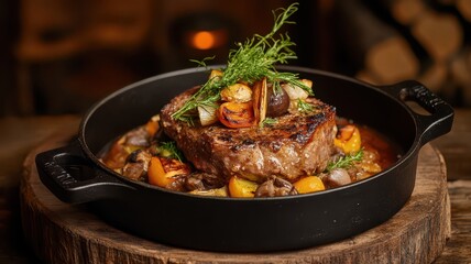 Culinary artistry shines in a slow-cooked gourmet dish with bespoke touches and intricate flavors.