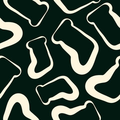 seamless pattern of Christmas icons of Santa Claus socks drawn in line art style on dark green background, for Christmas packaging, textiles or cards