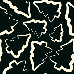seamless pattern of Christmas tree icons drawn in line art style on a dark green background