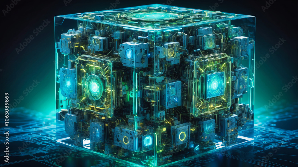 Poster technology abstract digital cube. generic advanced technology concept.