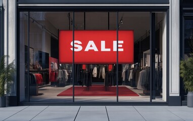 Create a hyper-realistic stock photo featuring a bright red "SALE" sign prominently displayed in the window of an elegant fashion store. 