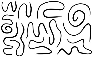 Abstract black curvy line set for decoration. Vector illustration. Children doodle line hand drawing.