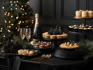 A table set for a festive dinner with champagne and candles