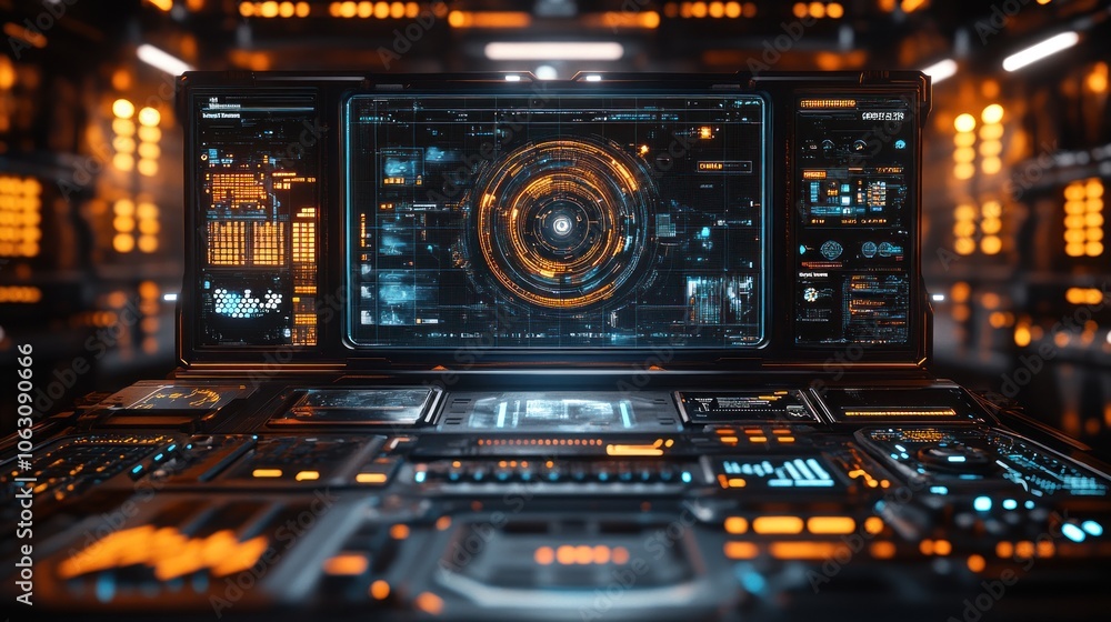 Poster futuristic control panel with glowing displays and interfaces.