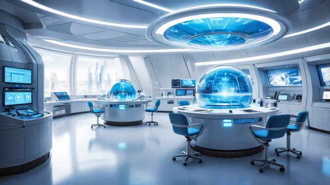 Blue futuristic high tech laboratory or control room