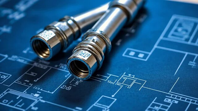 Two metal pipes lay on a blueprint, ready for installation