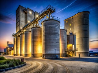 Obraz premium Low Light Photography of a Cement Silo at a Factory During Dusk with Industrial Equipment and Machinery, Highlighting Textures and Shadows in an Atmospheric Setting