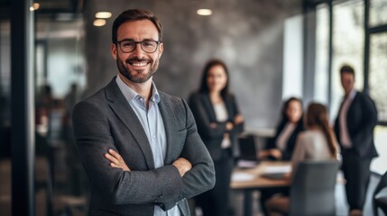 Fototapeta premium A poised business executive standing in front of a team meeting,