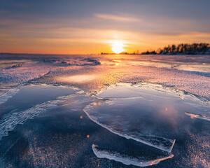 Naklejka premium Winter Sunset, Light Reflecting Off Snow and Ice