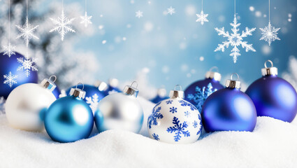 Generic atmospheric blue Christmas background with Christmas balls and snowflakes