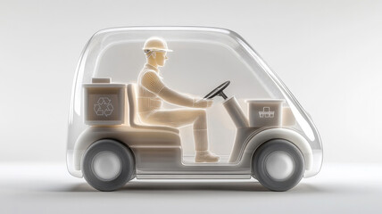 Fototapeta premium Figur als Müllmann fährt einen Recyclingwagen der Müllabfuhr