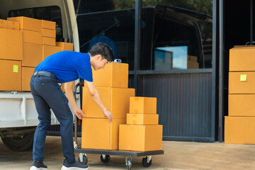 Asian delivery man work in truck for checking the product in the truck, concept ecommerce.