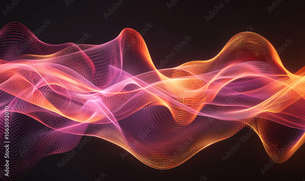 Poster abstract background with wavy lines and waves of light in orange, red and purple colors on a black b