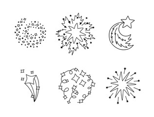 Trendy set of star dust, spiral twinkle cloud, falling star clipart with hand drawn doodle outline. Sparkling magical stardust, comet shower. Astrology, astronomy, universe, Christmas element.