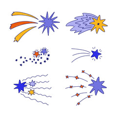 Colorful cartoon doodle set of star dust, spiral twinkle cloud, falling star. Hand drawn sparkling magical stardust, comet shower. Astrology, astronomy, universe, Christmas element.