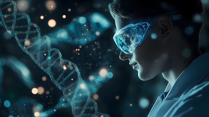 A Scientist Wearing Goggles Observes a DNA Strand in a Laboratory