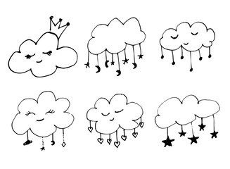 Cute Cloud Doodles with Hanging Stars and Moons