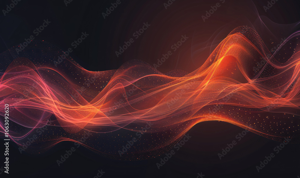 Poster abstract background with wavy lines and waves of light in orange, red and purple colors on a black b