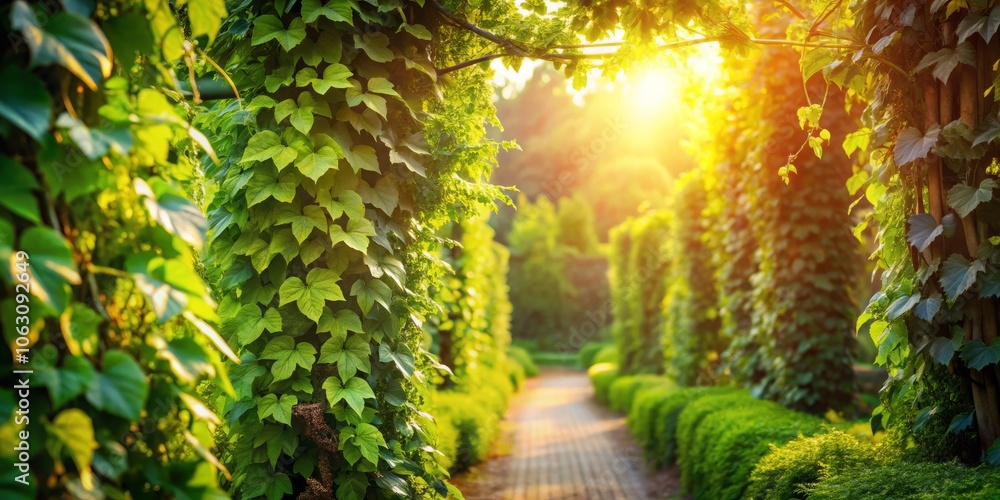 Poster lush green vine vines climbing into neighboring row amidst a serene garden landscape with copy space