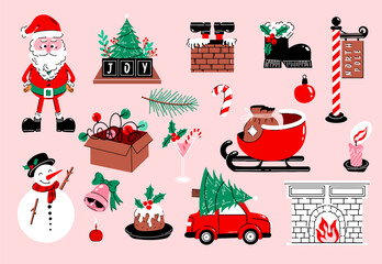 Vector Christmas collection with Santa Claus in red costume, christmas tree, red car, fire place, lights, cake, pine brunch, snowman