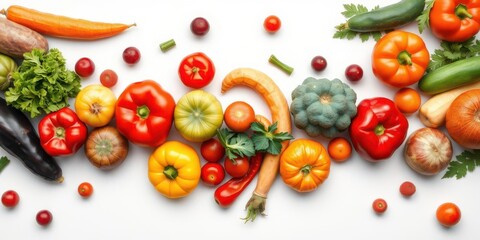 Assortment of colorful fruits and vegetables arranged on a seamless white background, wellness, vitamins