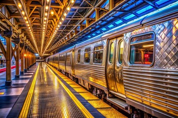 Fototapeta premium Macro Photography of Electric Trains at San Francisco Station, Capturing Intricate Details of Railways in California, United States with Vibrant Colors and Urban Setting