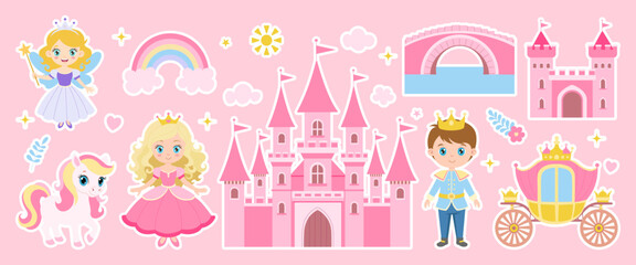 A collection of cartoon characters and a castle. The castle is pink and has a bridge. There is a princess, a knight, and a horse