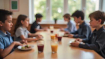 Obraz premium Kids at lunch in the school cafeteria, chatting and enjoying their food, blurred image