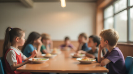 Fototapeta na wymiar School cafeteria with students eating and talking over lunch, blurred image