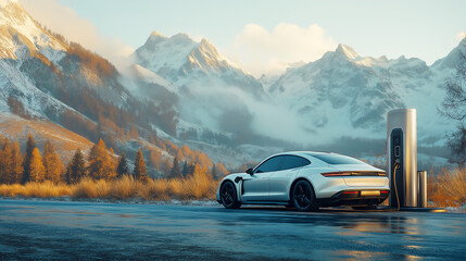 Futuristic electric car charging at a roadside station.
