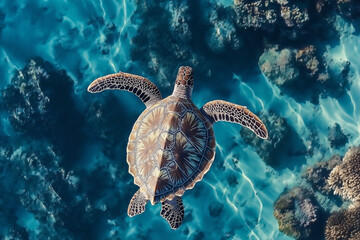 Aerial View of Sea Turtle Swimming Over Coral Reef