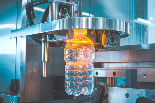 Plastic Bottle Manufacturing Process in Modern Factory. Close-up view of a transparent plastic water bottle being processed on a modern, automated bottling line.