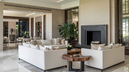 Modern, elegant living room featuring a white sectional sofa, stylish wooden coffee table, and lush green plants, with large windows allowing natural light to brighten the space.