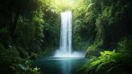 Enchanting sparkling waterfall cascading through lush greenery in a serene natural landscape.