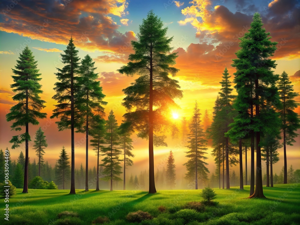 Aufkleber majestic silhouettes of towering green trees in a tranquil forest setting at dusk with soft glowing 