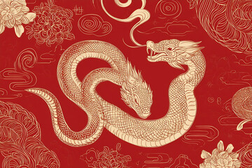 Fototapeta premium A stunning illustration of a two-headed dragon entwined in swirling clouds against a bold red background