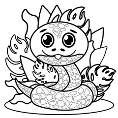 Coloring page for kids and adults. Mermaid colouring book. Cute snake.