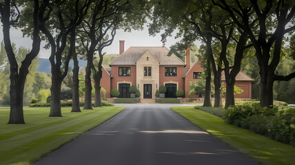 Stunning brick mansion framed by tall trees along a picturesque driveway, showcasing beautiful landscaping and an inviting front entrance in a serene, upscale neighborhood.