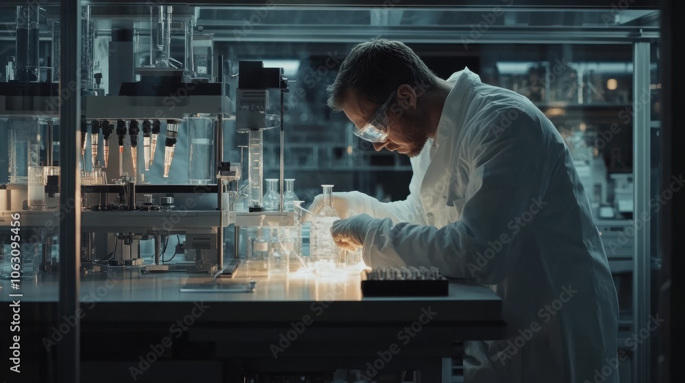 Poster a scientist using digital tools and advanced machinery to perform