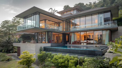 Fototapeta premium Modern luxury villa with expansive glass windows, featuring a sleek infinity pool and lush greenery, set against a serene hillside landscape. Ideal for upscale living and relaxation.