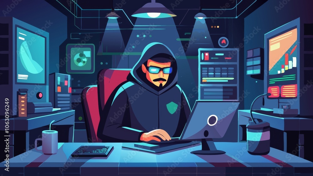 Poster mysterious hacker in dark cyber room analyzing data on laptop