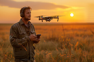 Fototapeta premium A man in the field controls a drone with his remote control at sunset, in the style of real photo.