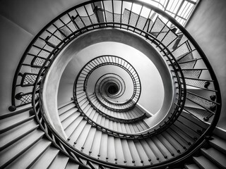 Fototapeta premium Minimalist Photography of an Iron Spiral Staircase in Jakarta Captured on May 31, 2014, Showcasing Elegant Design and Architectural Beauty in a Unique Perspective