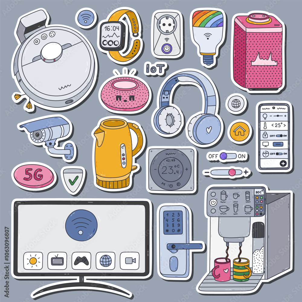 Aufkleber big colorful doodle set of stickers with smart devices of internet of things for planners, notebooks