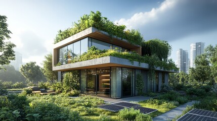 Sustainable Green Architecture  Modern Eco Friendly Home with Rooftop Garden and Solar Pan