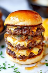Juicy stacked burger with melted cheese and caramelized onions served on a soft bun in a delicious food setting