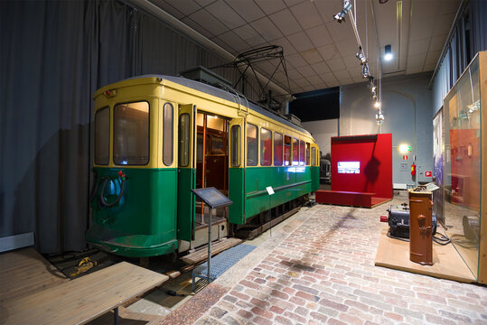 HELSINKI, FINLAND - SEPTEMBER 16, 2017: Old HKL tram 169 of 1941 in the exposition of the museum of trams