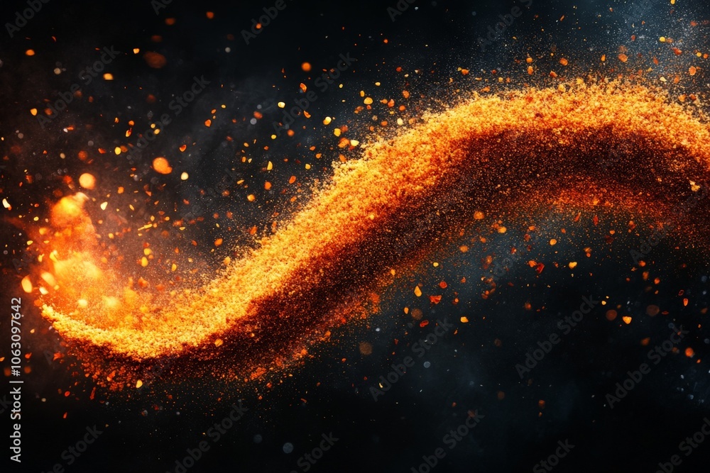Poster A vivid depiction of orange particles swirling in a dynamic, cosmic pattern against a dark backdrop, evoking movement and energy in the viewer's imagination.