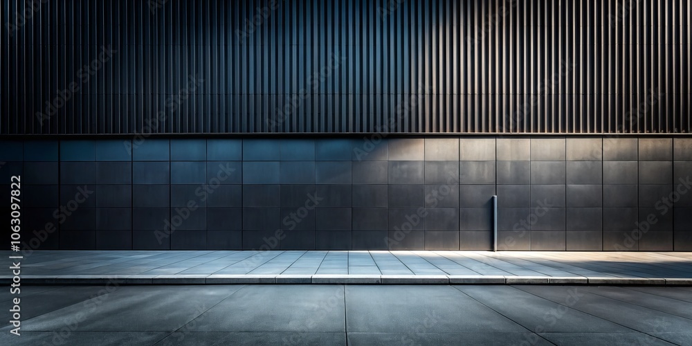 Poster minimalist urban design: an empty sidewalk in front of a dark building wall capturing the essence of